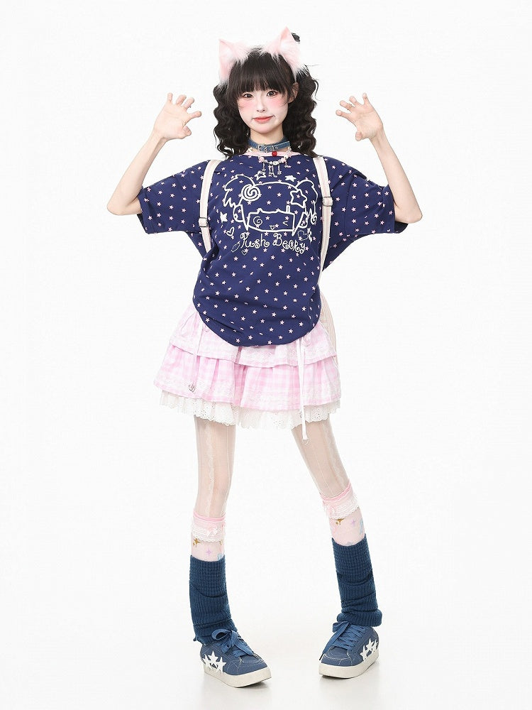 Dark Blue Short Sleeve Tee with Star & Cartoon Girl Print - Languid Park