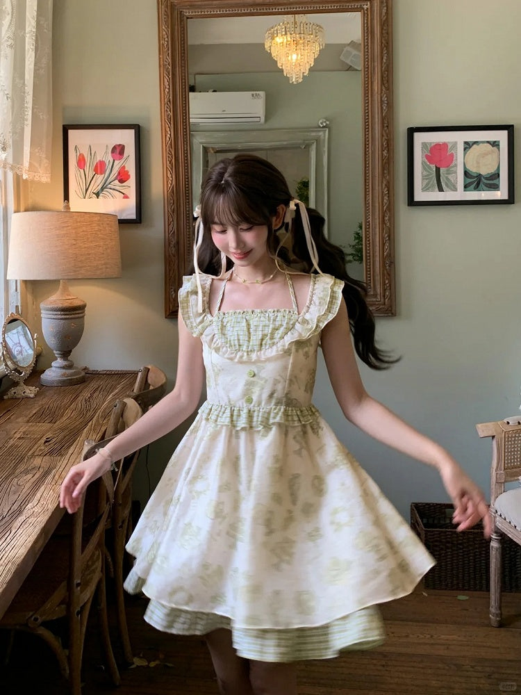 Kei グリーン チェック柄 フラッタースリーブ ホルターネック ドレス ライトカートゥーンプリント モリ