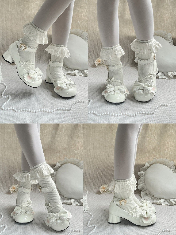 White Cherry Blossom Buckle Sweet Lolita Shoes with Bunny Ear Heel - Cherry Bunny