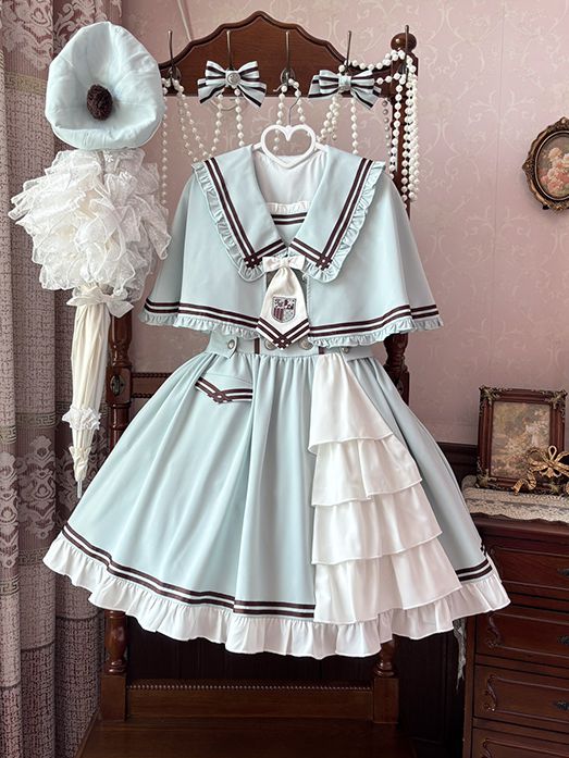 With Hem Cape Sailor Lolita Collar Green Ruffle Dress Light