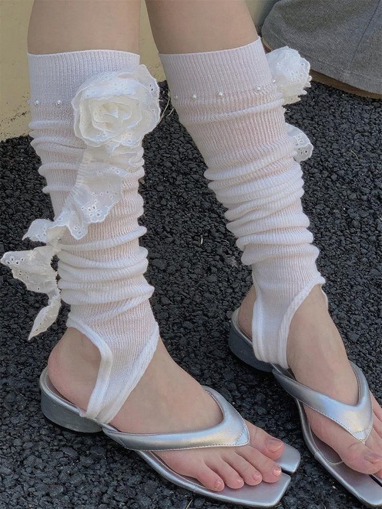 Stirrup Lace Bead Details Flower Leg White Warmers