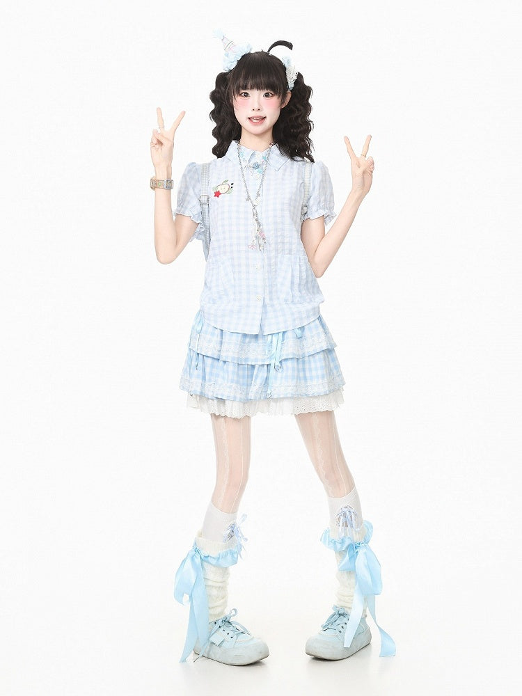 Blue Gingham Puff Sleeve Blouse with Apple Motif - Languid Park