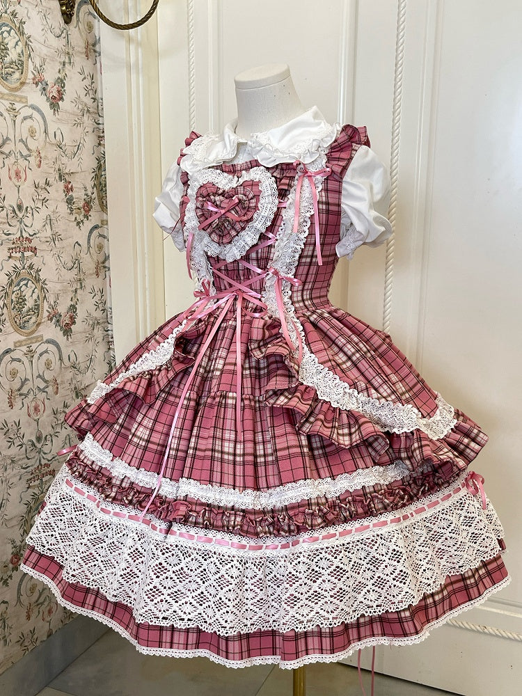 Rosa Schulkleid mit Karomuster, altes Lolita-Muster