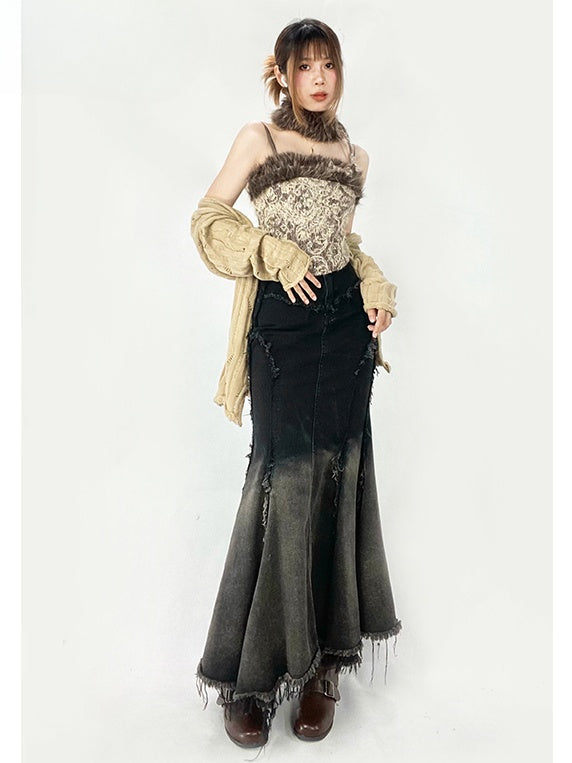 Millard Fashion – Denim-Meerjungfrauenrock mit Farbverlauf und Distressed-Besatz in Schwarz