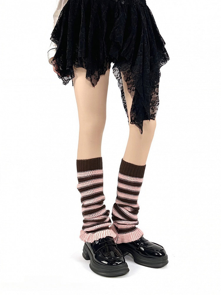 Black Warmers with Pink / Leg Knitted White Flared Pattern Striped Brown Ruffles