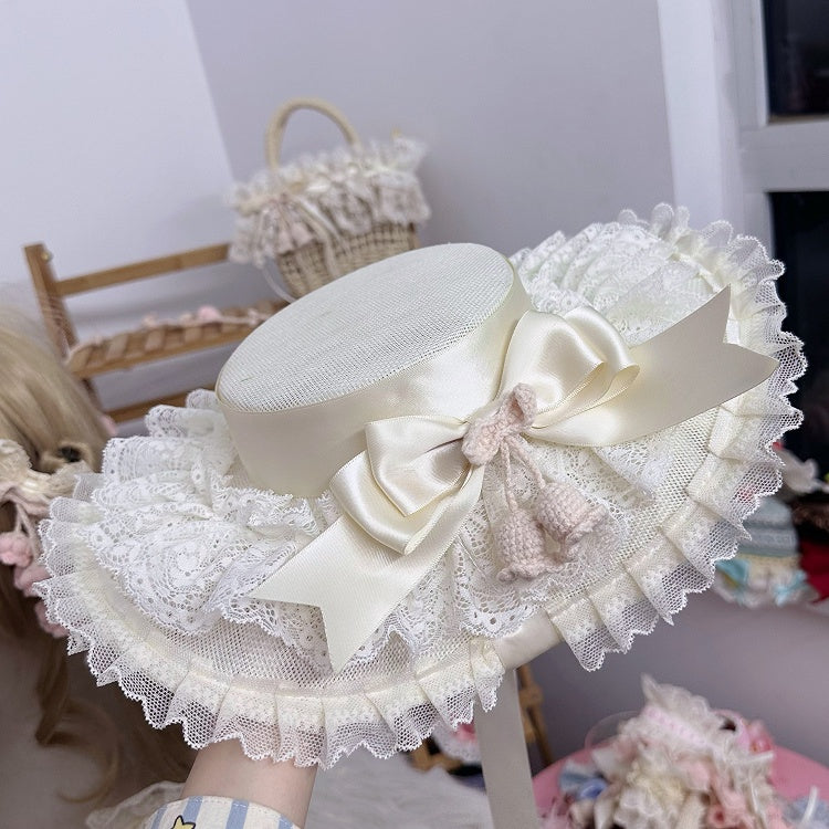the Lily Mesh Valley Beige Lolita Big Crocheted Bowknot Lace Hat Flat of