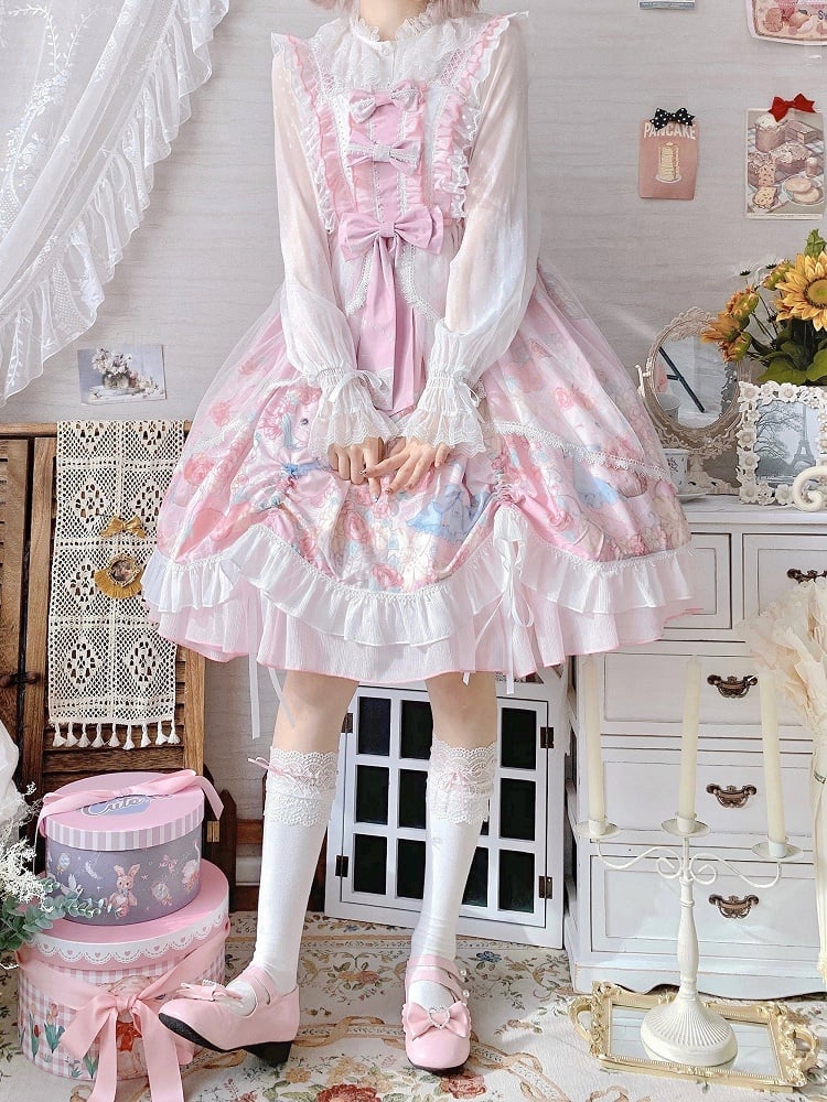 with JSK Dress Lolita Train Floral Pink Tulle Bunny Print Sheer
