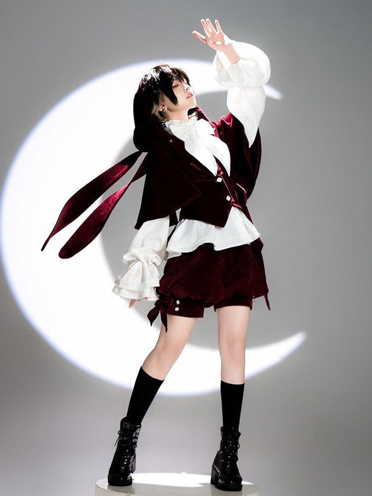 ウサギのフード付きロリータ耳ジャケットワインレッド王子ベルベットオーバーサイズ
