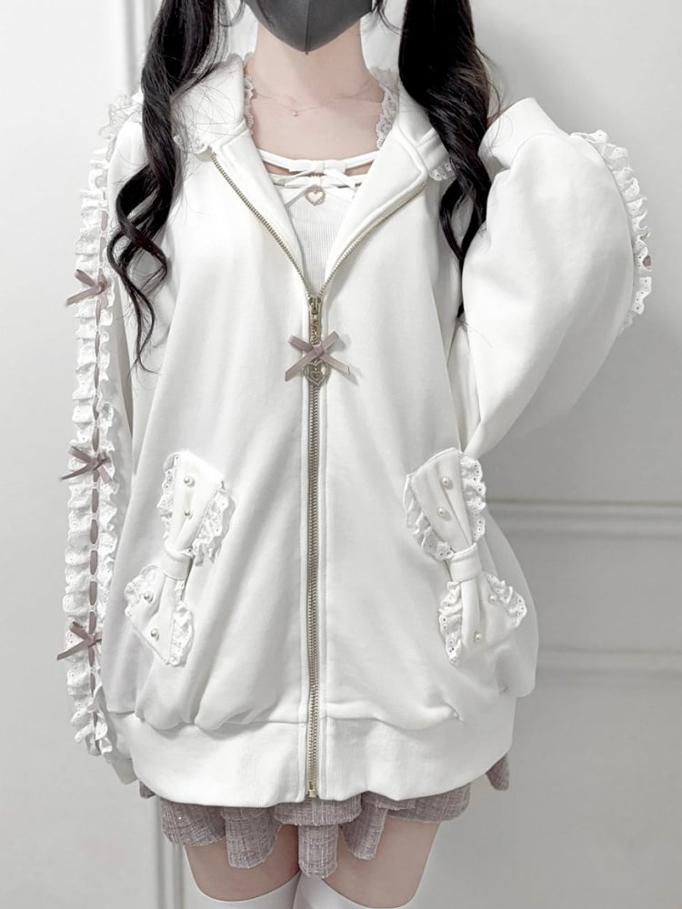 Perforated Jirai Kei Black/White Hoodie Bead-Embellished Bow Jacket: Pockets Sleeve with