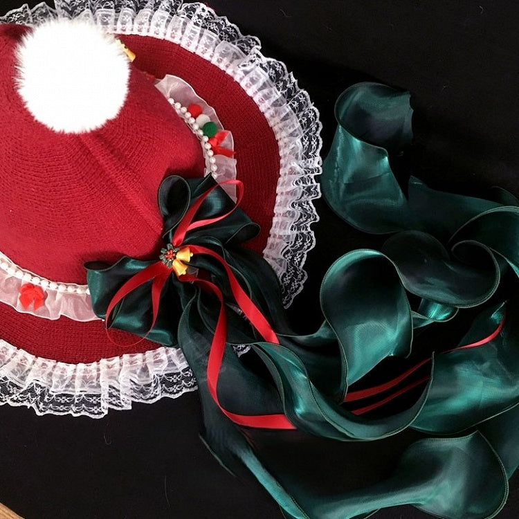 Christmas-Themed Hat Lolita with White Accents Bow Lace Red Trim