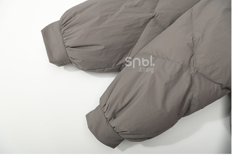 パッチワークデザイン グレー フード付きダウンジャケット