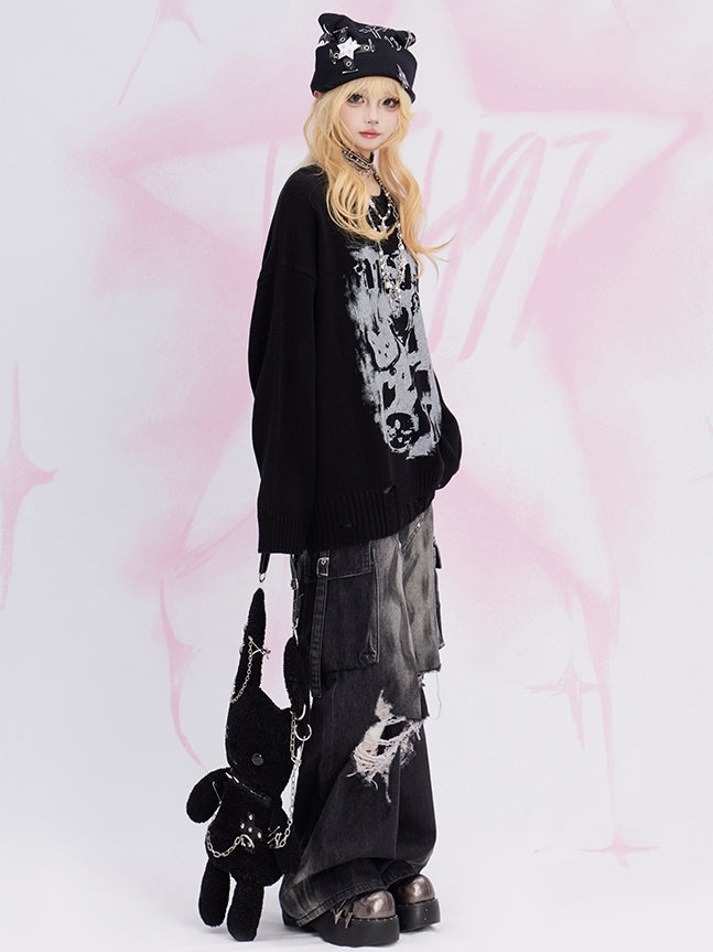 黒猫柄のダメージトリム ルーズセーター