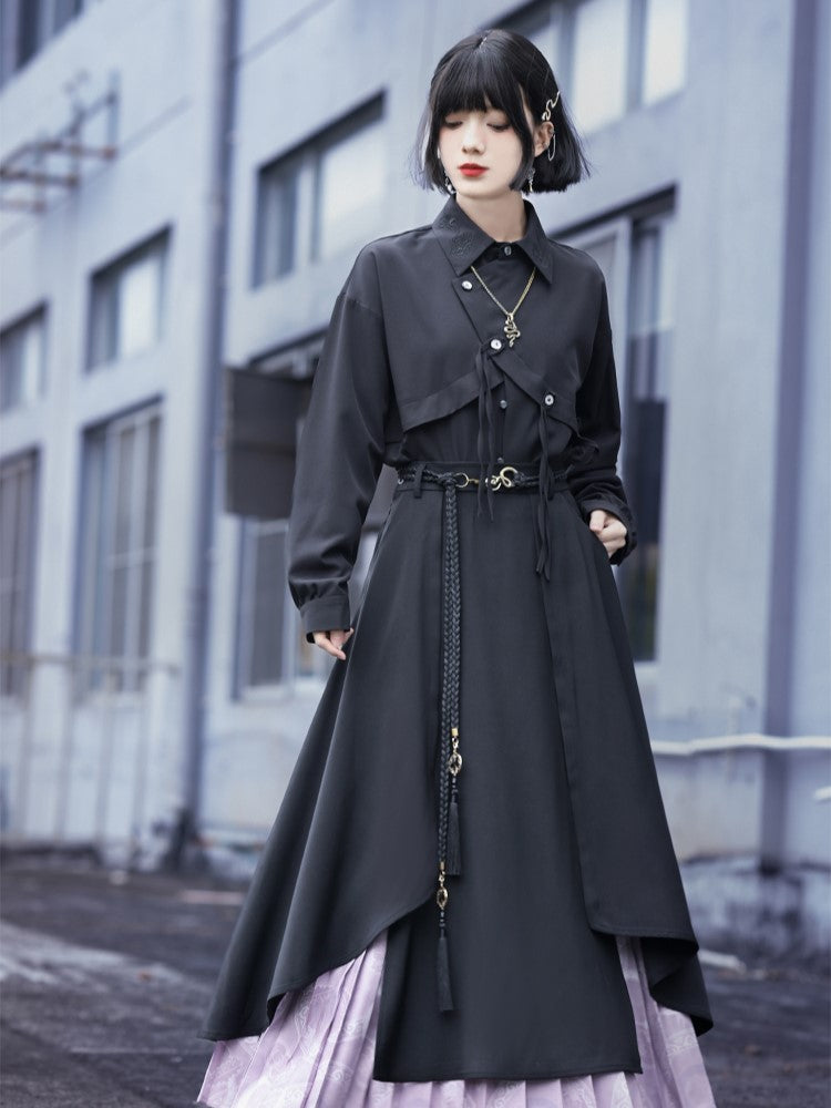 Shirt Patchwork Cheongsam Crow Gothic Asymmetric Faux Embroidery Two-Piece with Black
