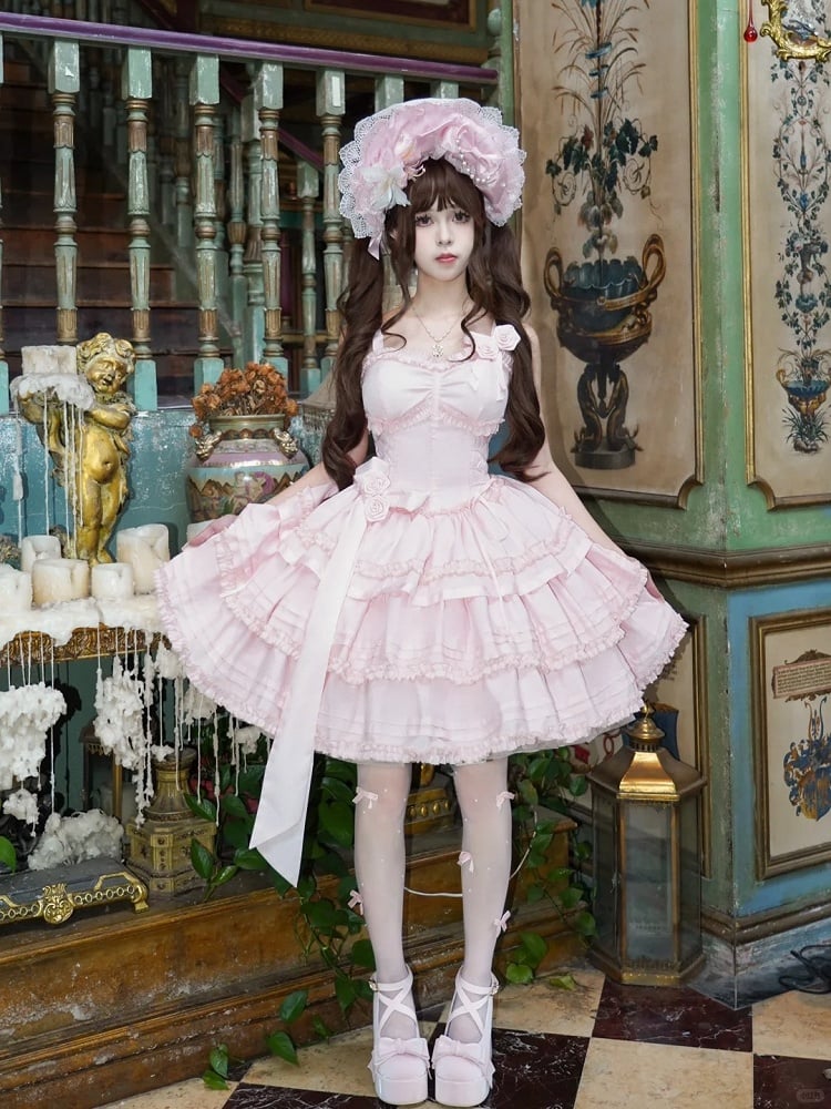 with Lingt Pink Lolita Accents Boned Dress JSK Flower Ruffle Layered