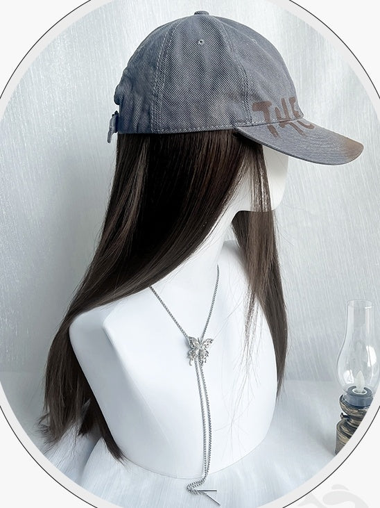 ブラウンのロングストレート合成ウィッグ(キャップ付き)オールインワンセット