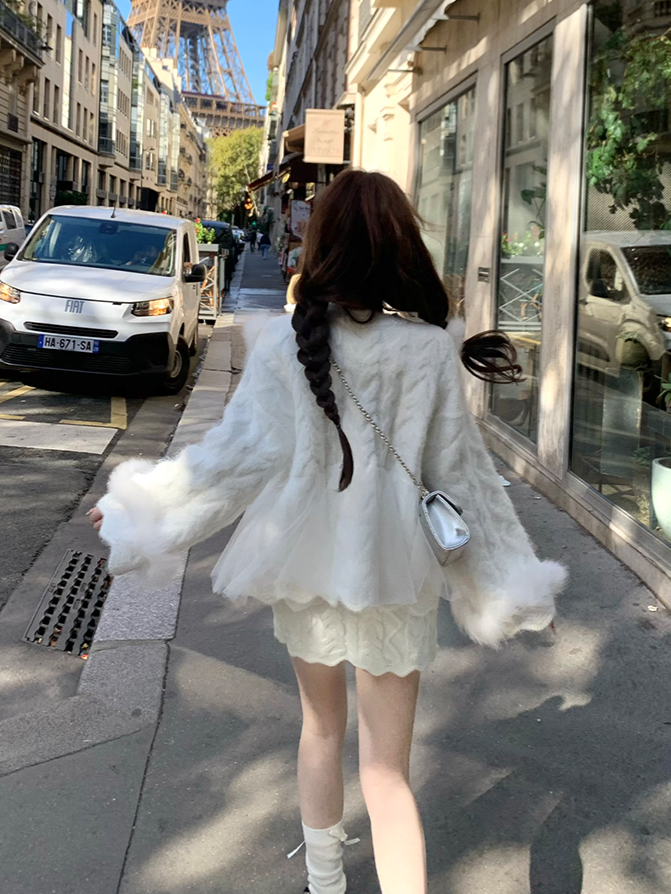 Skirt Knit Top Set Vintage Cable-Knit Frayed-Trim Wool Luxe