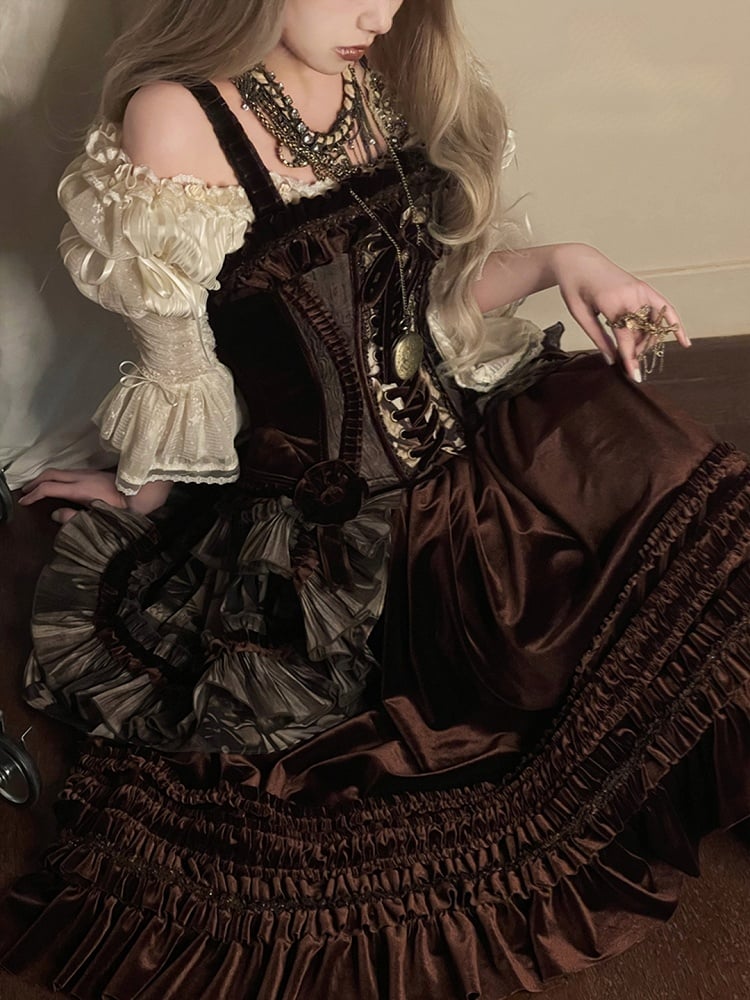 Gothic Dress Brown Pearl Shell Ruffled with Overlay Lolita Print