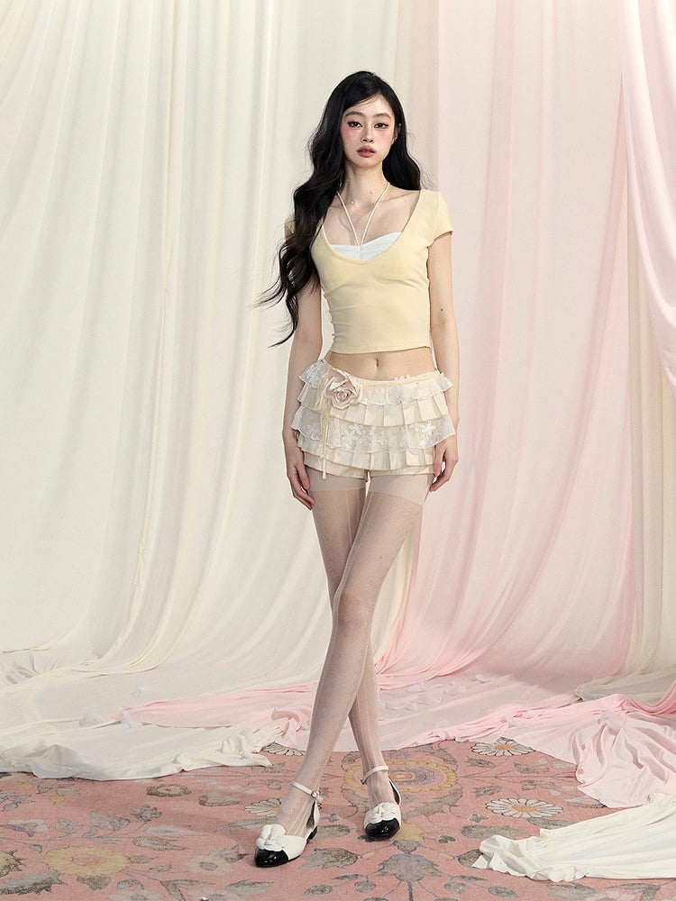 Backless T-Shirt Red/Yellow/Pink Glamorous Faux Two-Piece