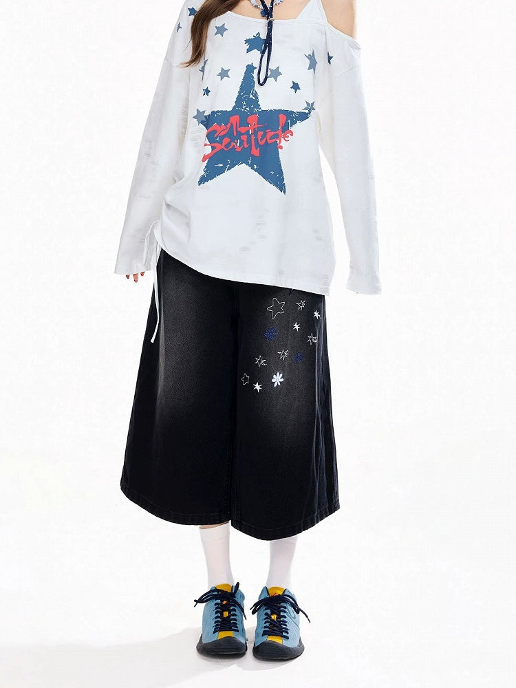 Daily Kawaii Black Cropped Wide-Leg Denim Pants with Star Appliqué - Rayohopp