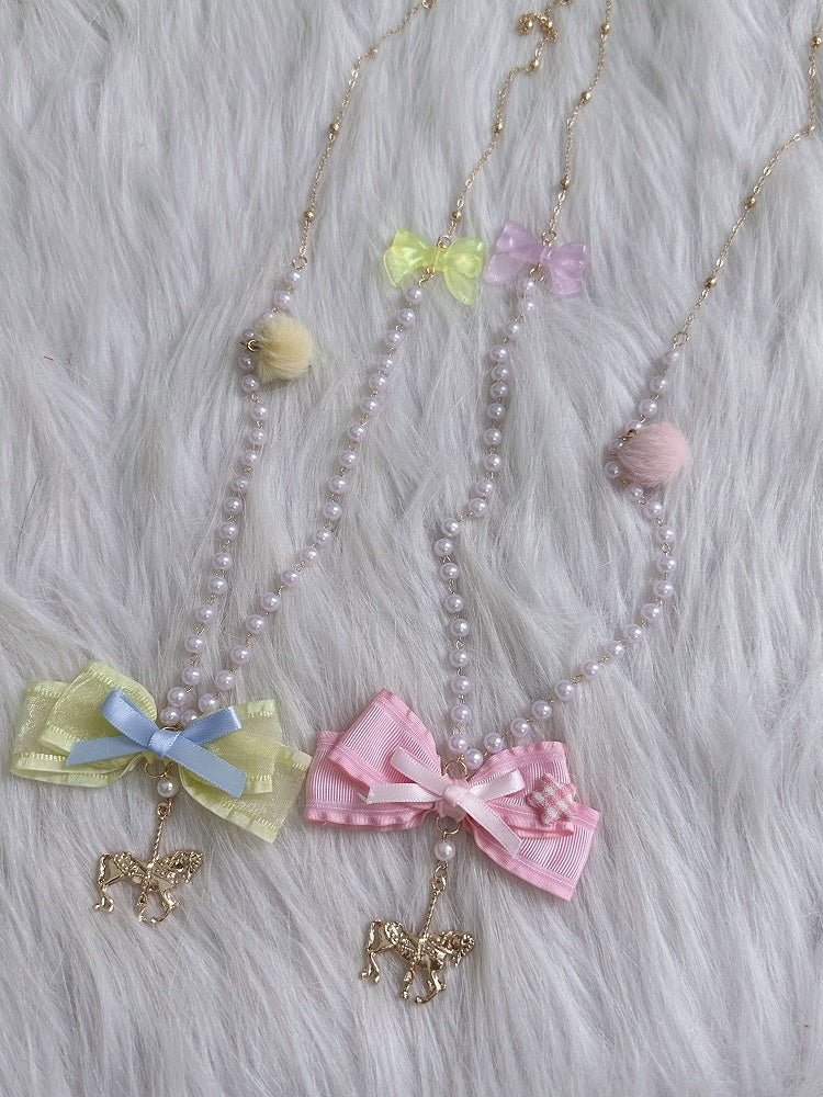 Bowknot and Carousel Pink/Yellow Pendant Necklace Sweet Lolita