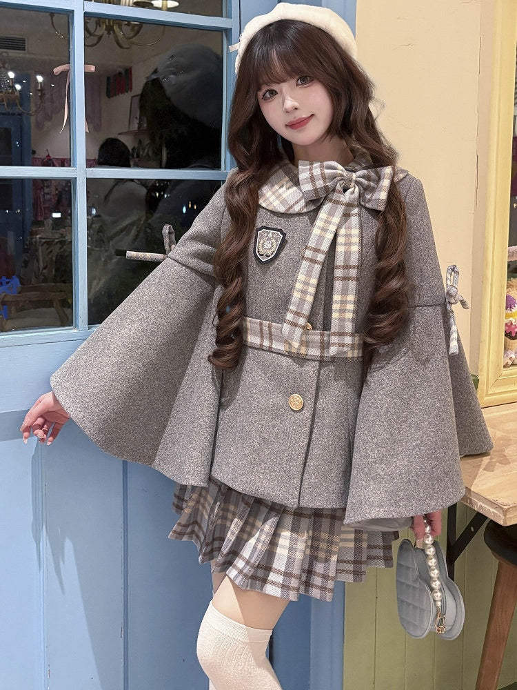 グレーのプレッピースタイルベルスリーブジャケット(チェック柄リボンアクセント付き)+グレーのチェック柄プリーツスカートセット