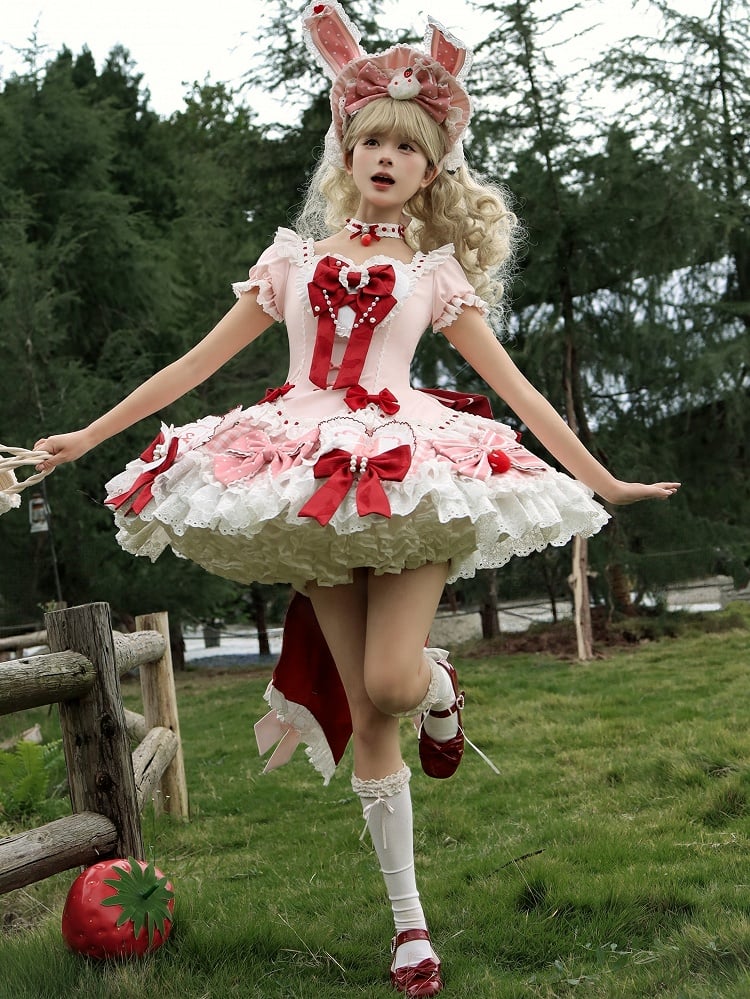 Lolita Pink with Bonnet Decoration Cute Polka Bow Bunny Ear Dot Lace