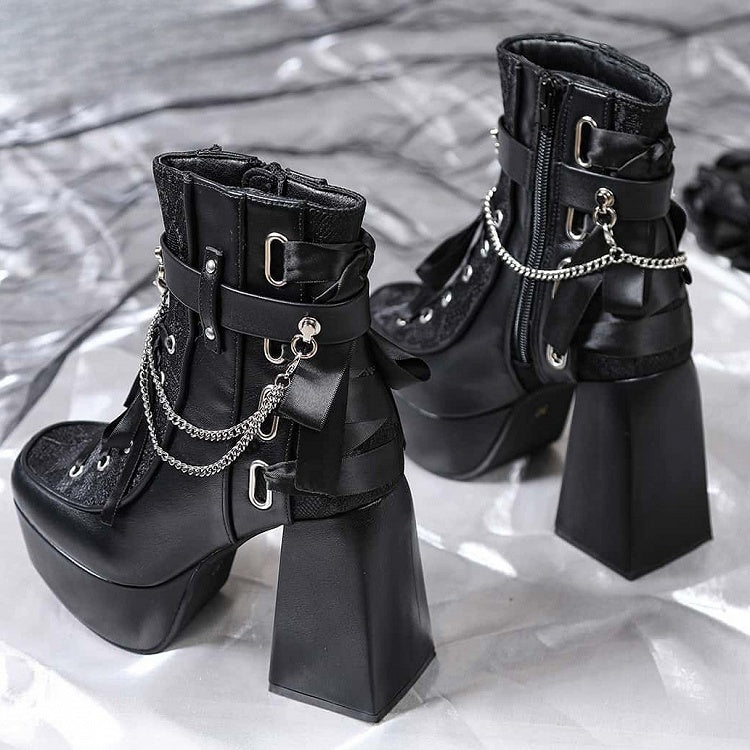 Inner with Chains Zip Block Boots Detachable Black Heel Lace-up Gothic High Details Platform - Ankle