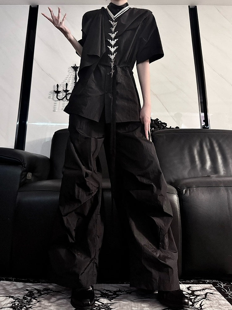 Gothic Black Wide-Leg Pleated Pants - Aont