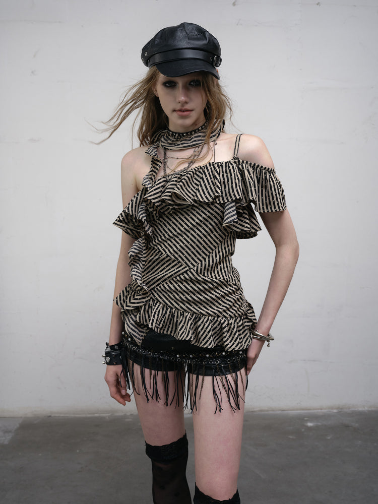 Cascading Top Khaki Asymmetrical Ruffles Star with Black Patterns Neckline Striped