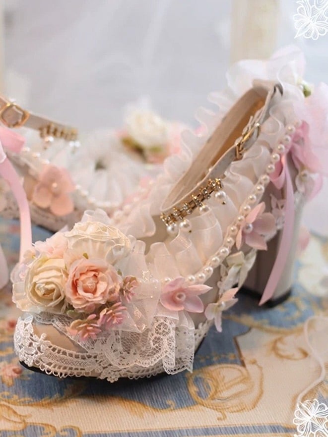 Elegant Lolita Pink Pearl Chain High Heels with Rose Lace - Mirror Lolita