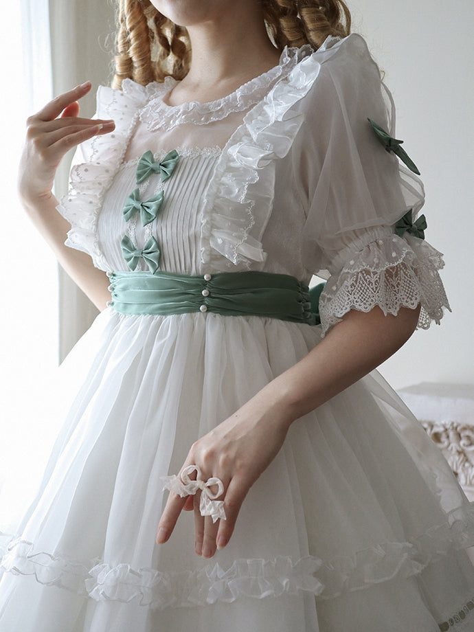 Dress Bow Ruffle with Accents Green Classic and White Lolita