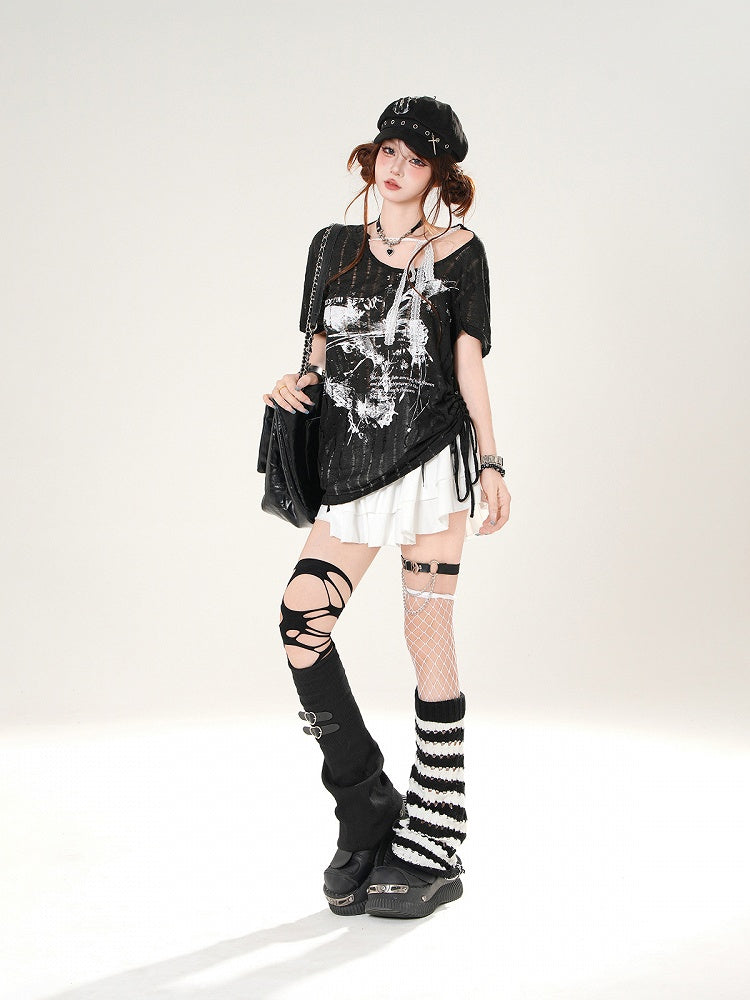 Butterfly Print Black/White Straps Distressed Holes T-shirt Self-tie Neckline