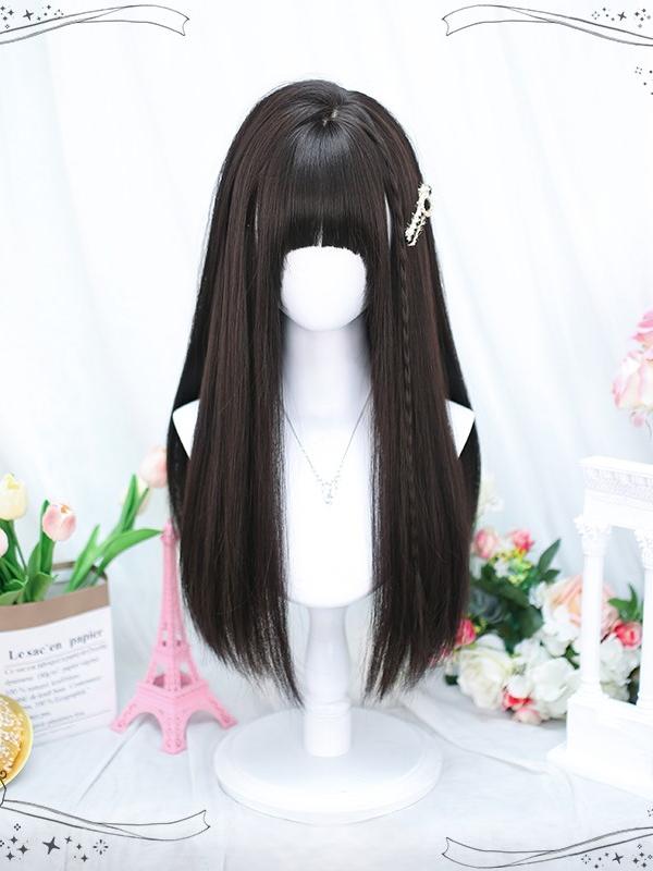 Full Wig Black Straight With Bangs Long