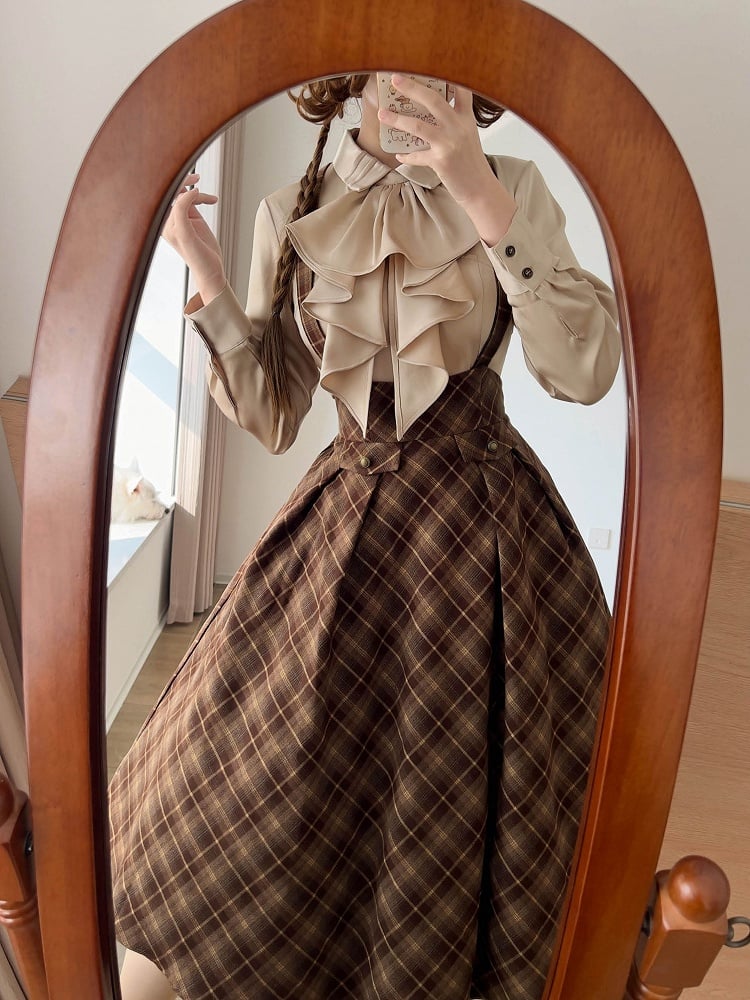 Shirt Satin Elegant Tie Sleeves with Jabot Apricot Fitted Long