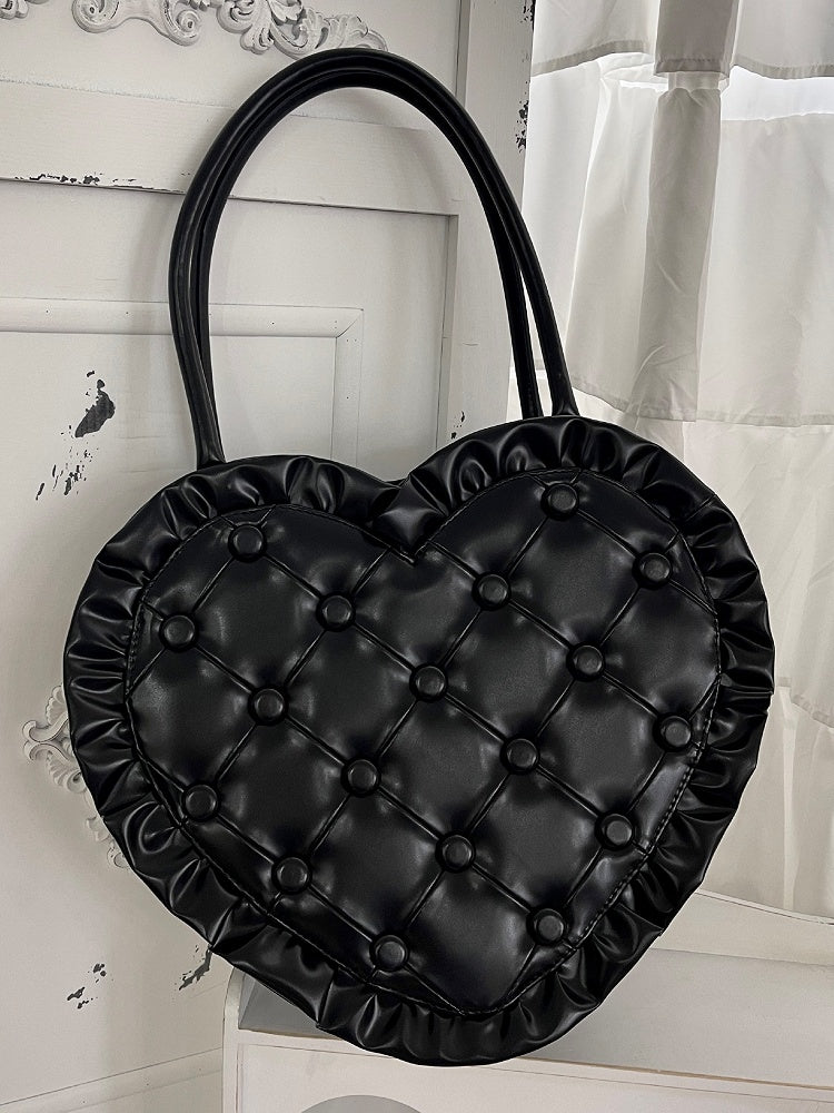 Schwarze Lolita-Schultertasche mit Rüschen, Spitzentasche, Herz-Geldbörse mit Rautenstich