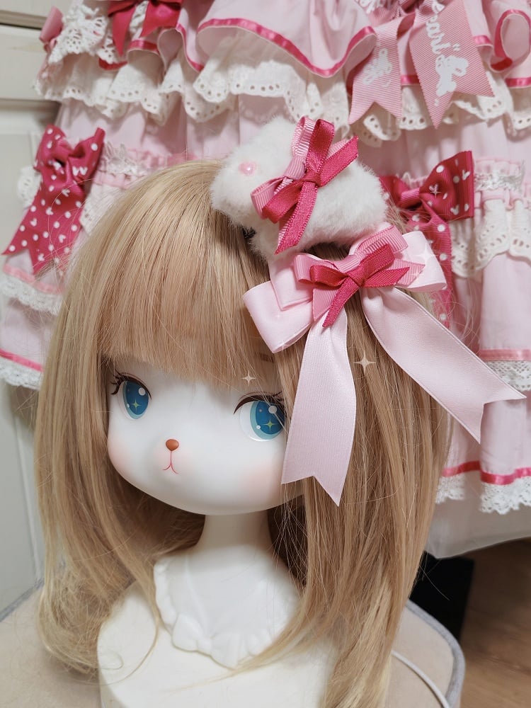 White Bowknot Mini Hairclips Lolita Bunny Plush Sweet
