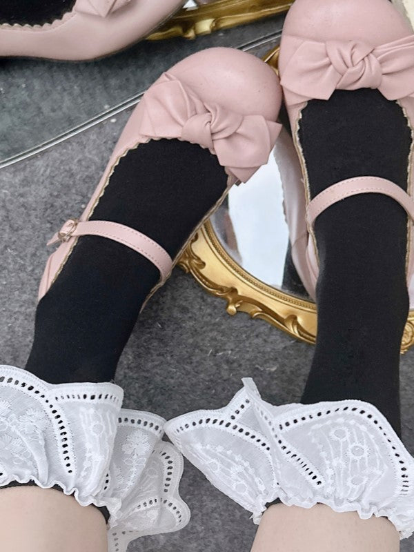 Black/White Socks Floral With Embroidery Calf Cuffs