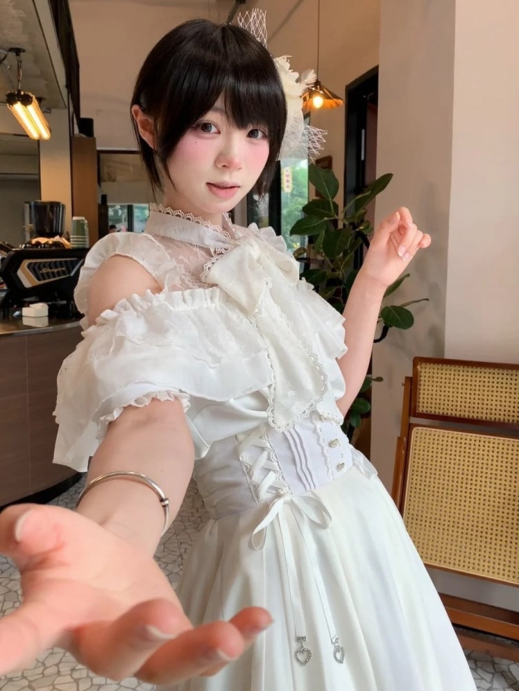 Landmine White Lace Trim High Waist Skirt - YoshiKi