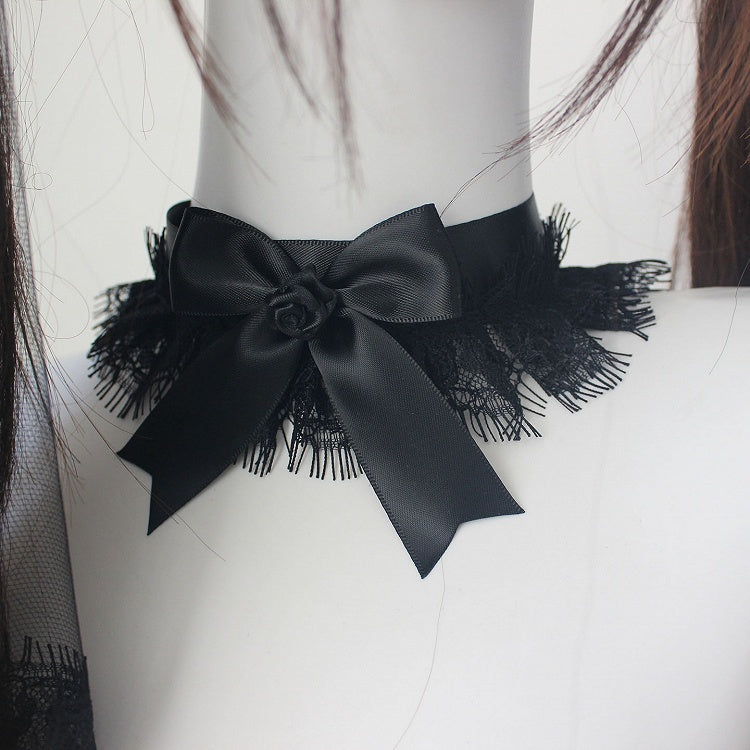 (Mini Kuro Choker) Hat+Veil Wrist Lolita Accessory Cuffs Full Set +