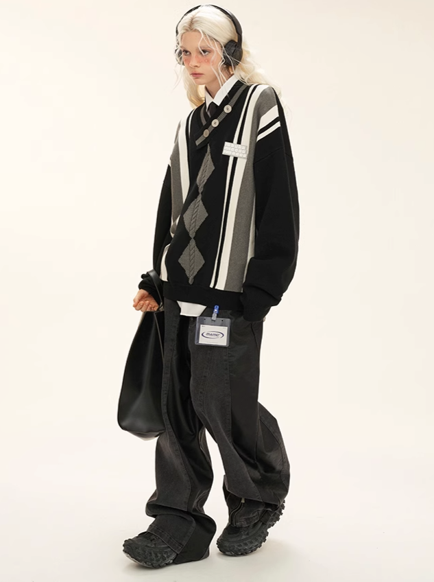 Stripe Letter Art Argyle Sweater