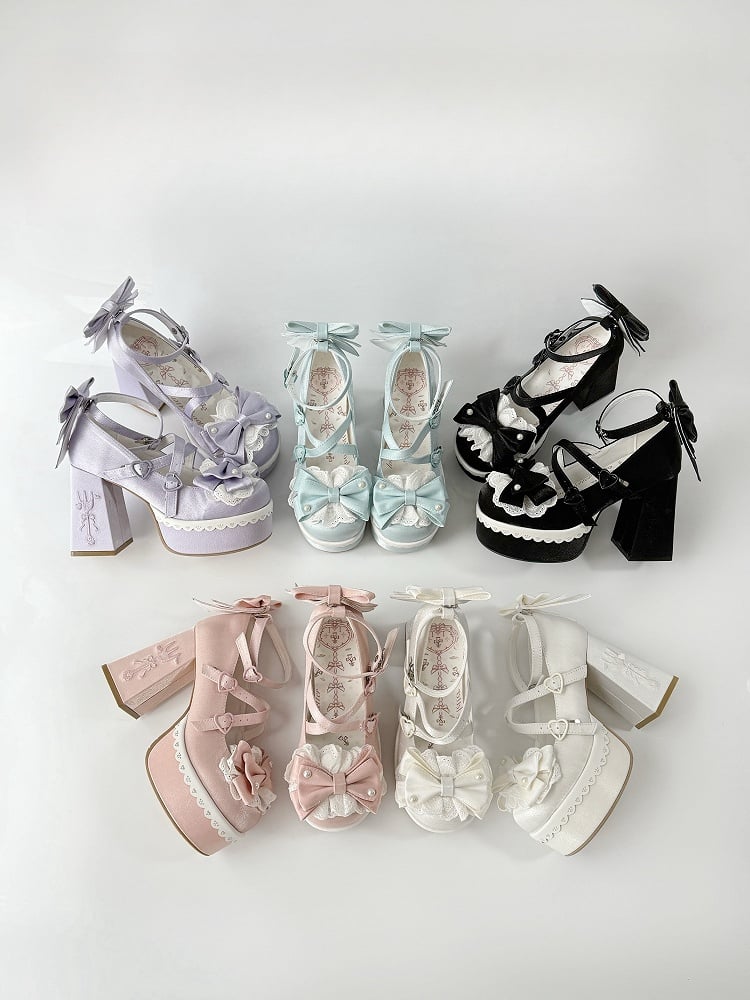 Schwarze Lolita-High Heels mit Spitzenschleife und Schnallenriemen, Gabelstickerei und Plateau-Block