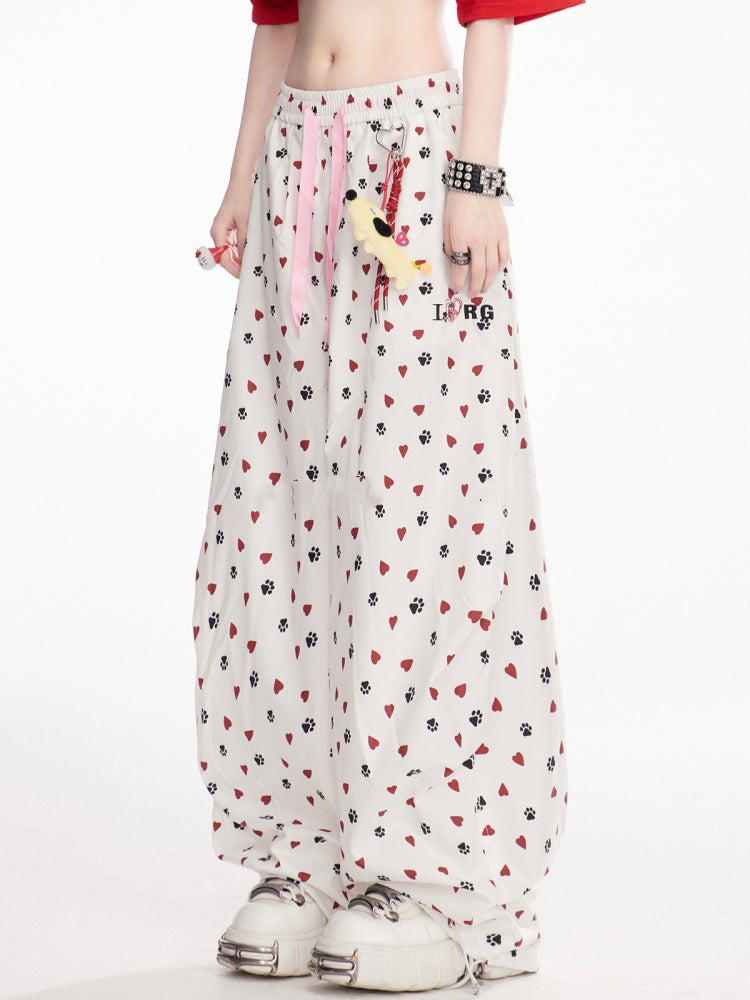 with Charm White Allover Paw Print Drawstring Cuffs Wide-Leg Pants Free