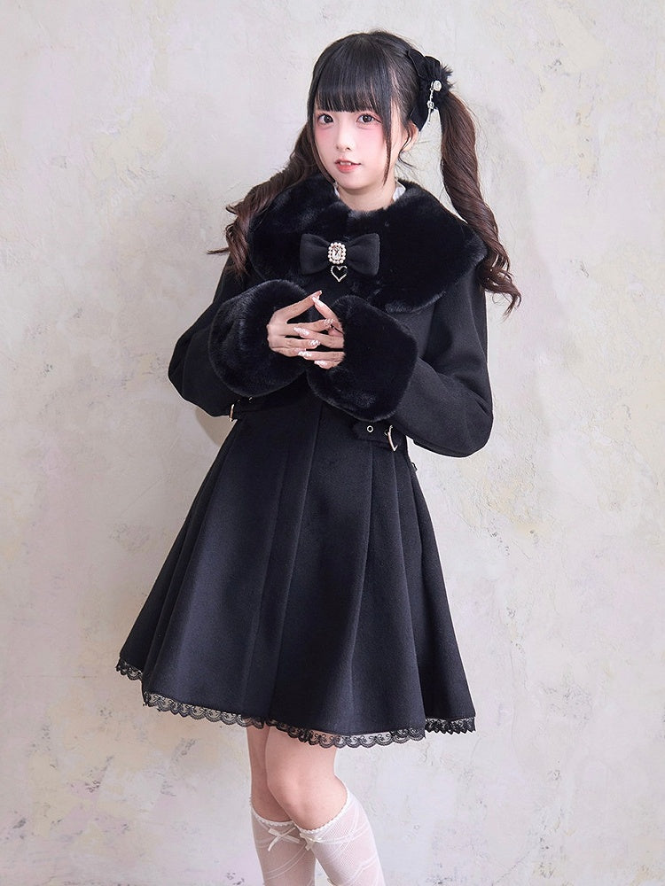 Lace and Rhinestone with Cuffs Coat Collar Fuzzy Kei Accent Bow Black Jirai Trim