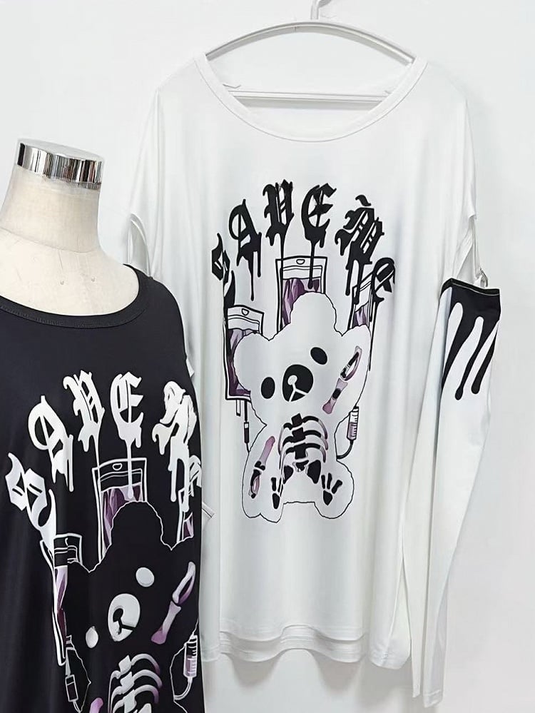 ホワイトレターケイロングトッププリントスリーブベアジライと