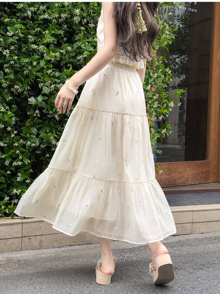 チュールスカート ケイ ベージュ ウエストゴム 花柄刺繍 森