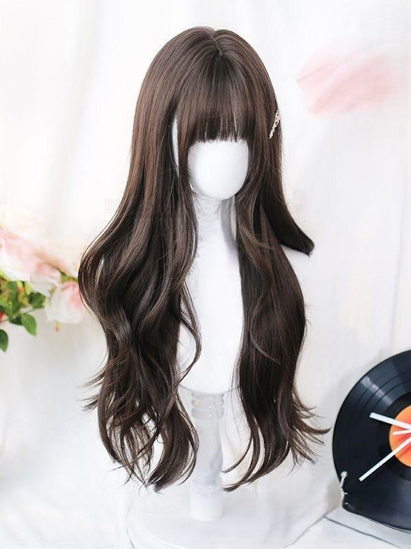Dark Brown Long Wavy Wig With Bangs