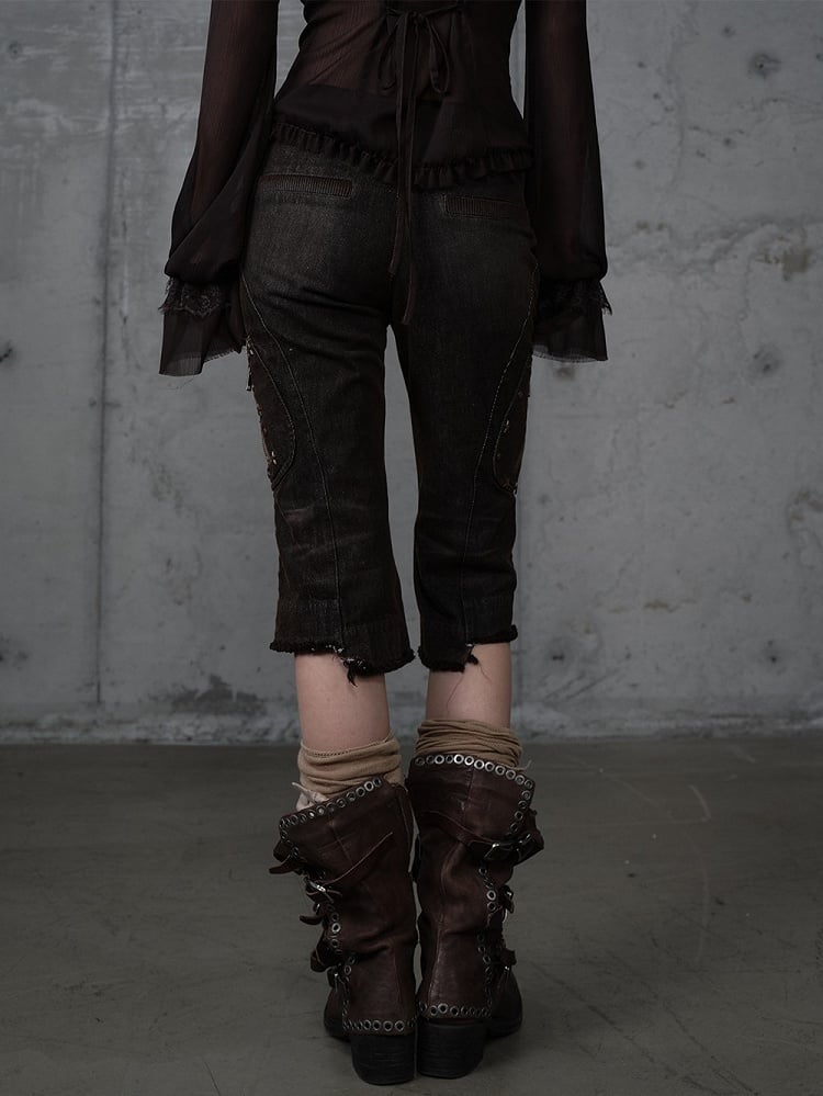 Capris Asymmetrical Denim with Punk Star Distressed Black Vintage Wasteland Pockets Studs