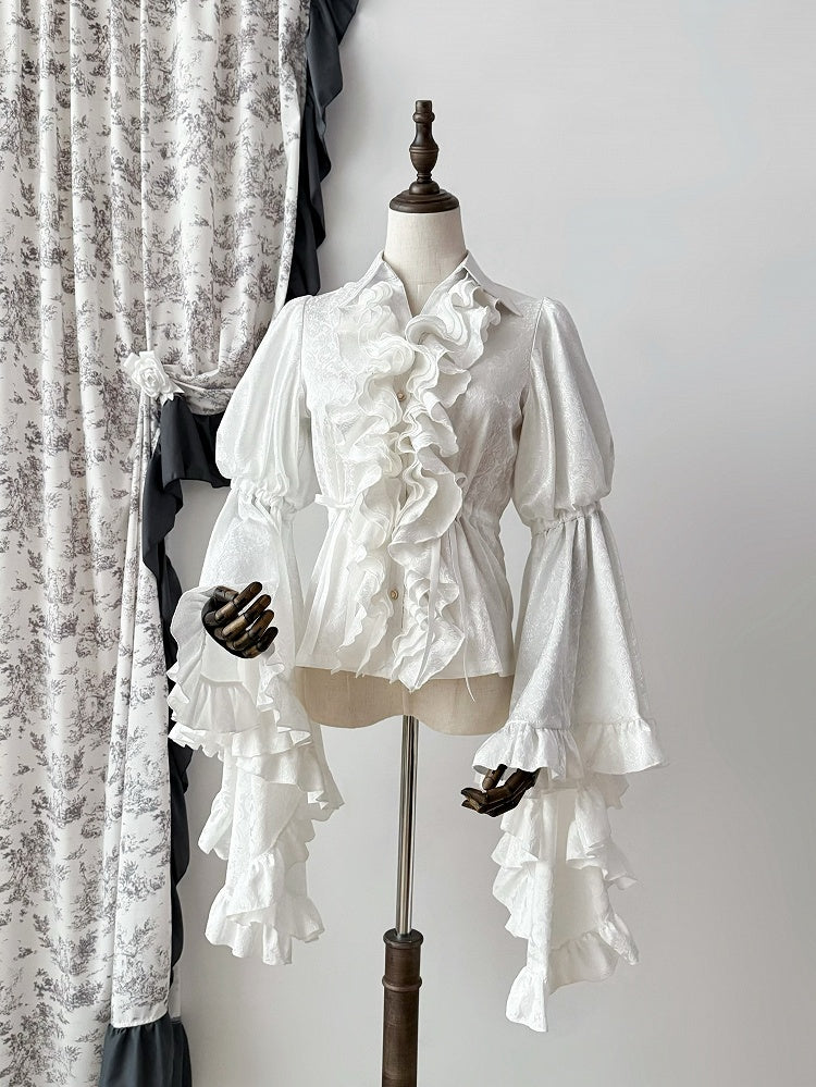 ホワイトの長袖構造ロリータボディスシャツベルフリル