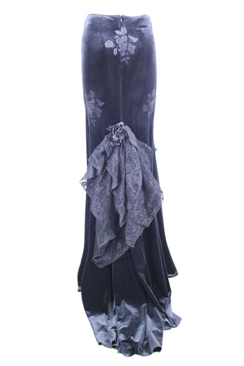 Black Rose Embossed Gothic Velvet Long Fishtail Skirt for Women