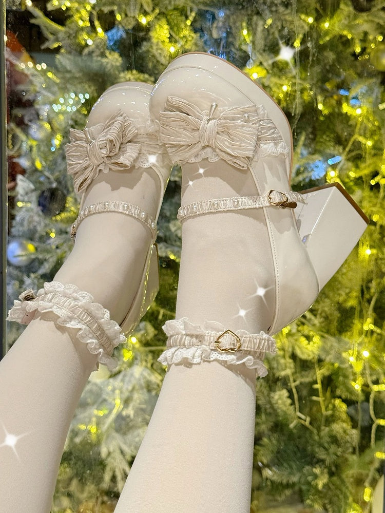 - Block Bead-Embellished Lace Janes Heel Platform and Upper White Sweet with Mary Creamy Bow High Accented Strap